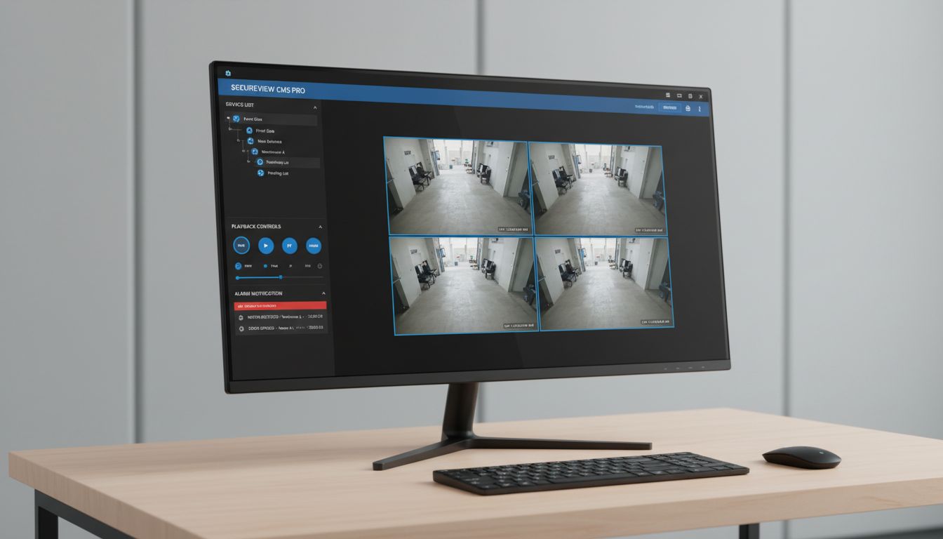Cliente de escritorio EseeCloud CMS mostrando cuadrícula de monitoreo de múltiples cámaras en Windows